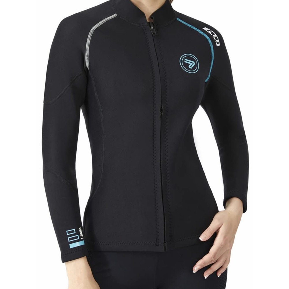 Zcco Womens 1.5mm Neoprene Wetsuit Top Black Turquoise Full Zip Jacket Large NEW